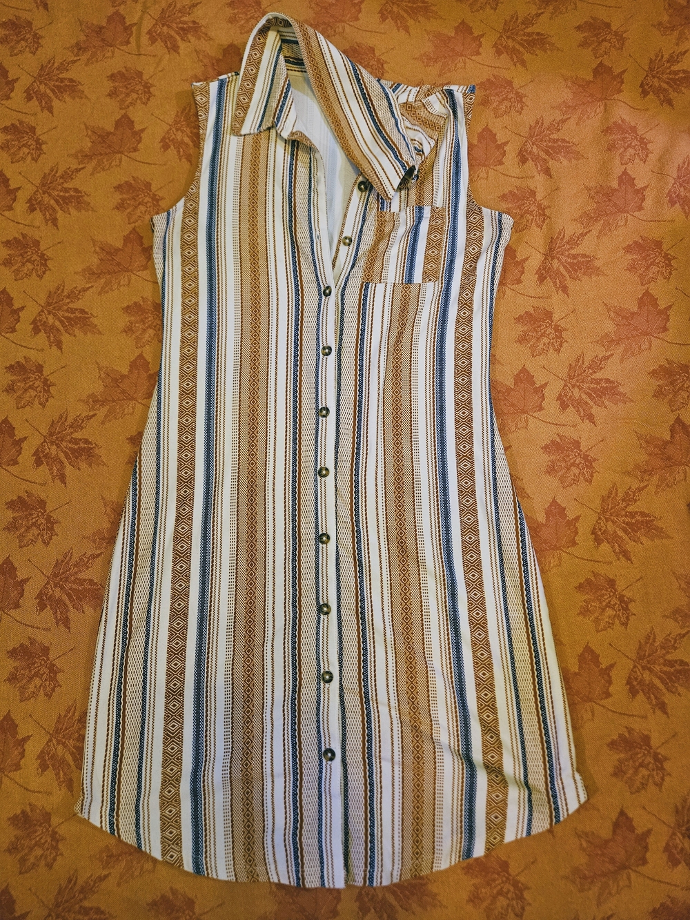 Soft Striped Sleeveless Button-Front Dress in Brown, Cream & Blue
